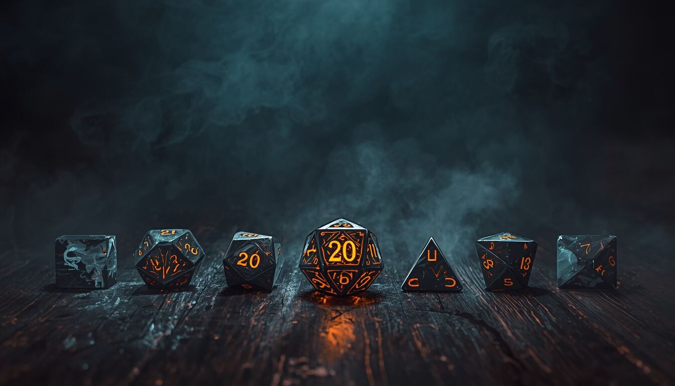 A set of polyhedral dice on a wooden table with a glowing d20 in the centre.